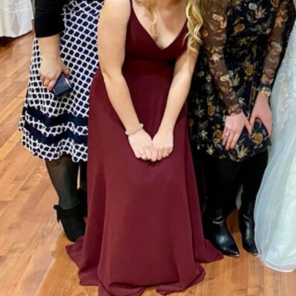 David’s Bridal Satin top and chiffon bottom dress in Wine size 6